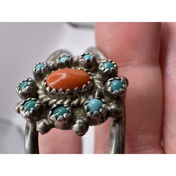 Vintage Navajo Turquoise Coral Cluster Sterling Silver 925 Bracelet Cuff 6-1/4" - Picture 7 of 10